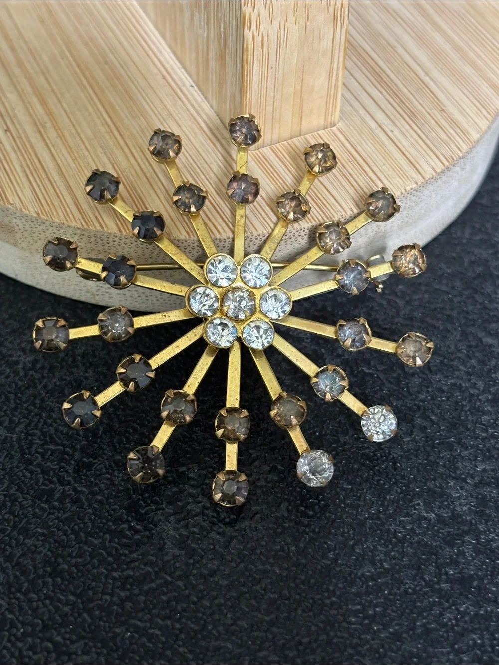 Vintage Gold-Tone Crystal Starburst Brooch - Brown and Clear Stones